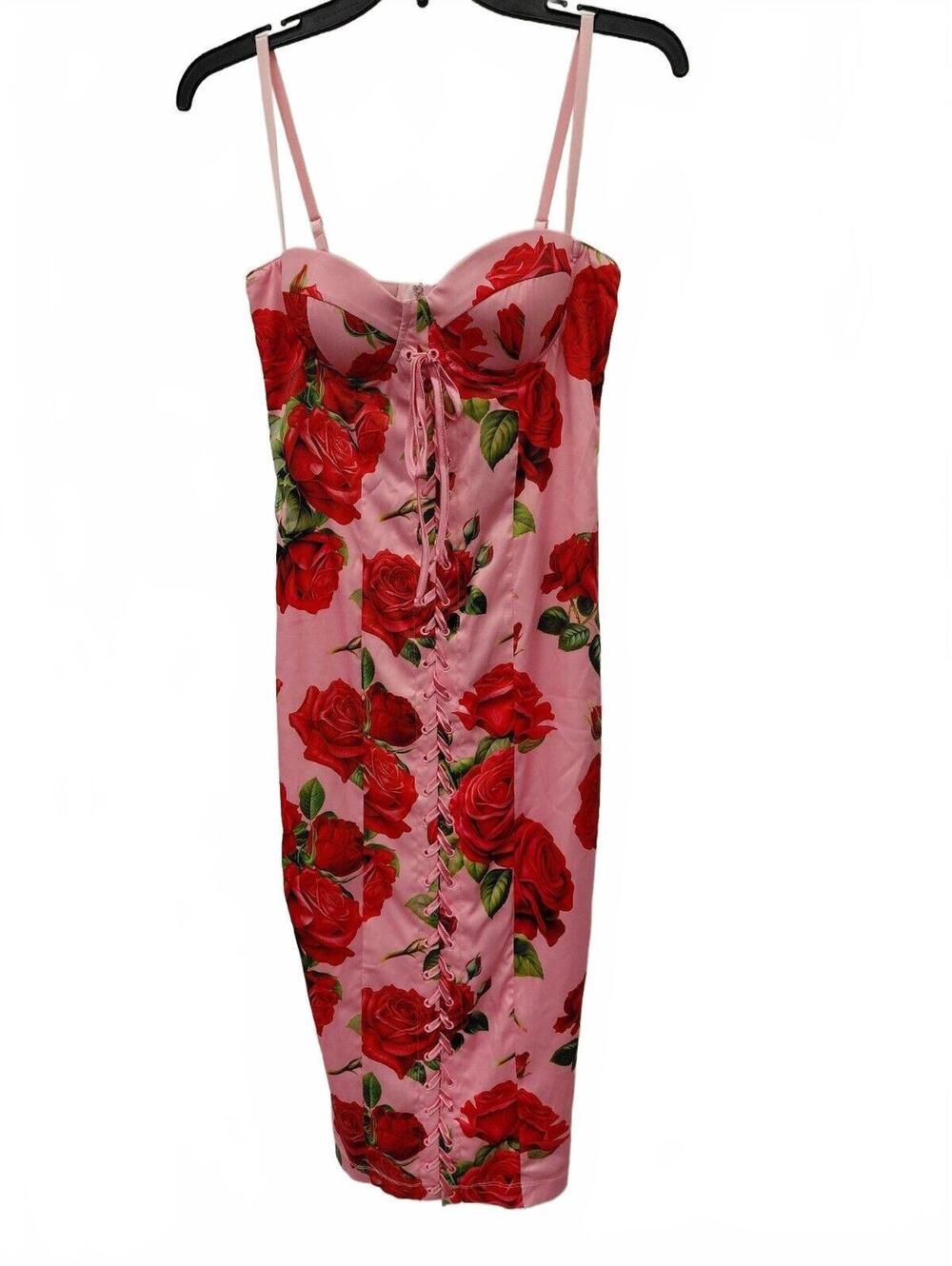 Sugar Thrillz Rose Garden Lace Up Bustier Midi Dress Pink Red Size XS